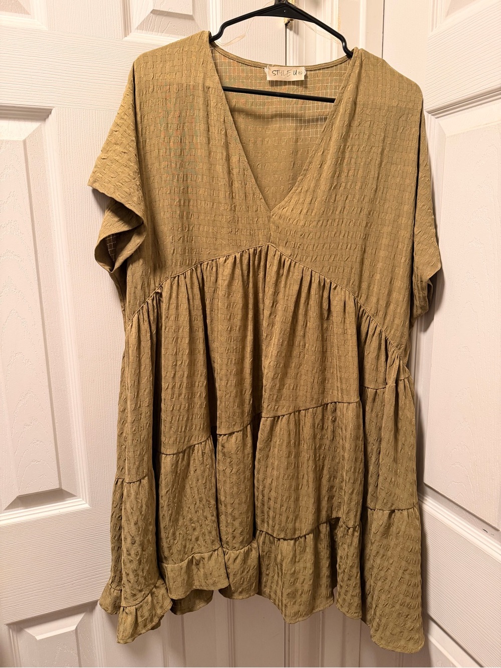 Olive Green V-Neck Tiered Tunic Dress